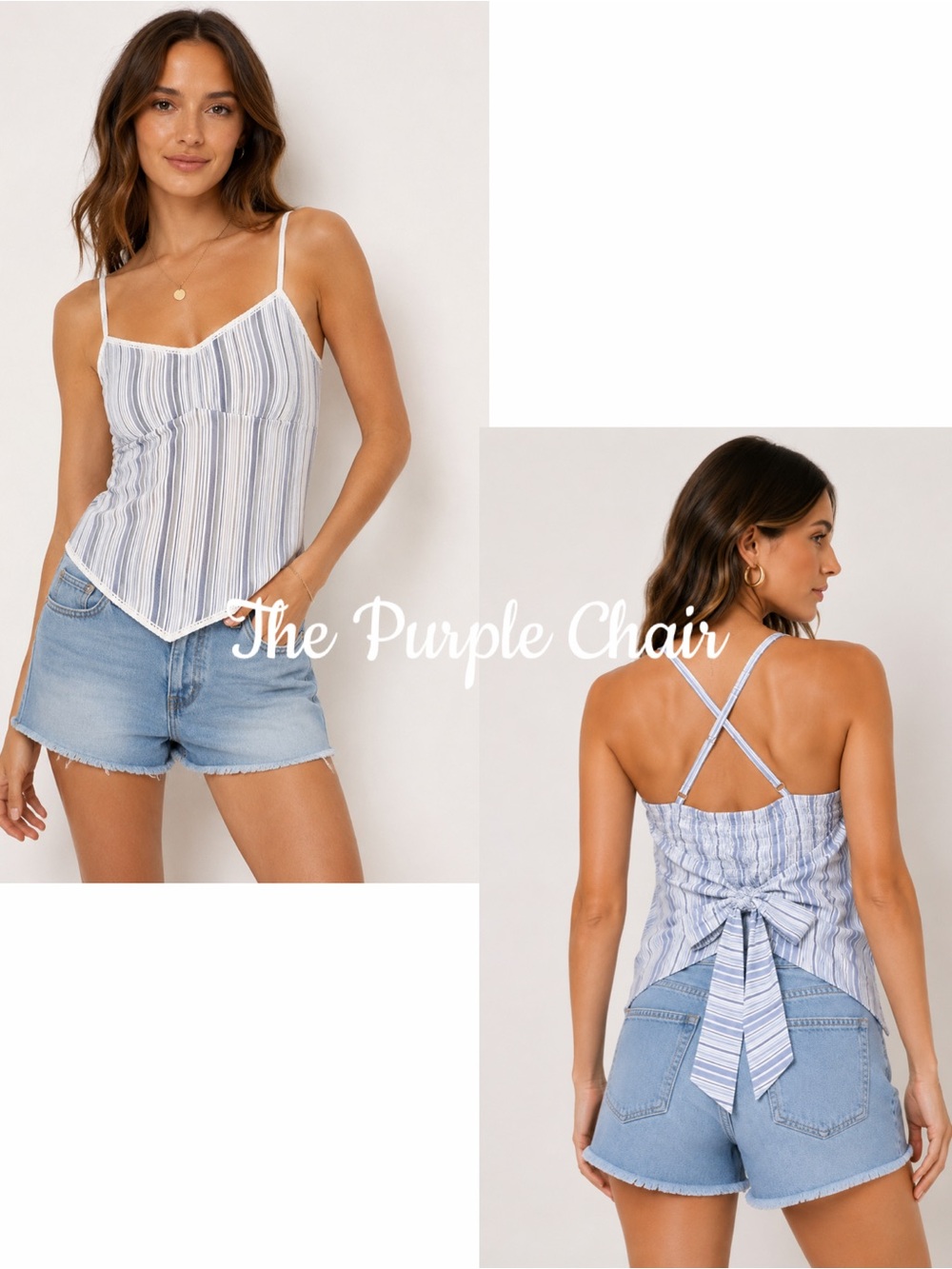A. BYER NWT Blue/White Strappy Tie Back Striped Top XL